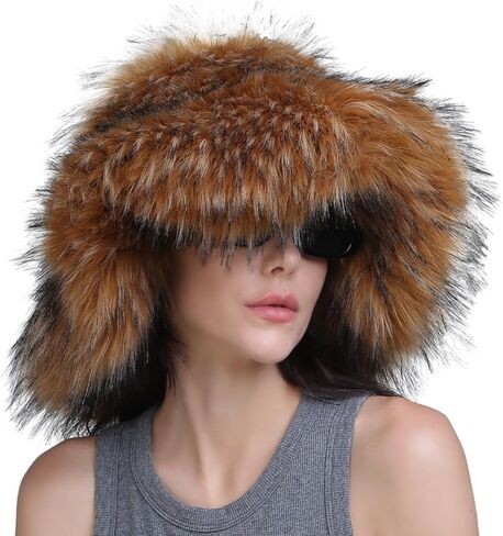 YEKEYI Women's Fuzzy Wide Brim Faux Fur Bucket Hat Winter Warmer Fisherman Cap Party Hat Faux Fur Hat in Kuwait