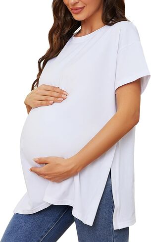 Ecavus المرأة قمصان الأمومة عادية سبليت الجانب الحمل بلايز البلوزات قصيرة الأكمام فضفاضة تناسب ملابس أمومة in Saudi Arabia