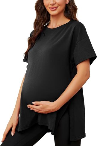 Ecavus المرأة قمصان الأمومة عادية سبليت الجانب الحمل بلايز البلوزات قصيرة الأكمام فضفاضة تناسب ملابس أمومة in Saudi Arabia