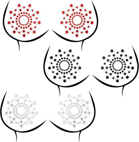 6 Pcs Rhinestone Pasties Crystal Glitter Pasties Nipple Covers Sexy Breast Covers Nipple Pastie Tassel Stickers Body Gems(Black White Red) in Saudi Arabia