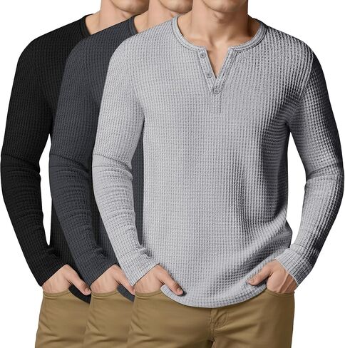 Arssm Mens Waffle Henley Shirts Long Sleeve Cotton Casual T-Shirts Lightweight Thermal Undershirts in Saudi Arabia