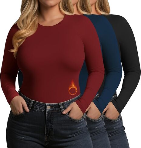 3 Pack Women's Plus Size Thermal Shirts Raglan Sleeve Crew Neck Fleece Lined Tops Long Sleeve Base Layer Underwear in Saudi Arabia