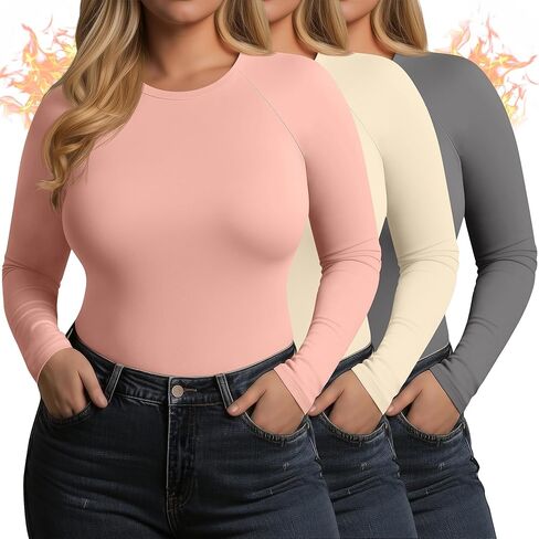 3 Pack Women's Plus Size Thermal Shirts Raglan Sleeve Crew Neck Fleece Lined Tops Long Sleeve Base Layer Underwear in Saudi Arabia