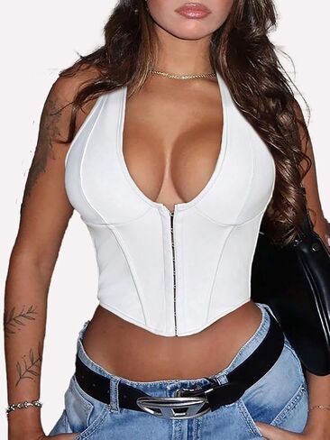 Punk Y2K Tops PU Leather Corset For Women V-Neck Asymmetrical Shapewear Lingerie Halloween Gothic Crop Tops in Saudi Arabia