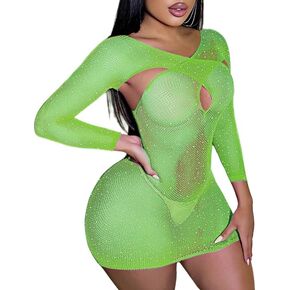 Womens Fishnet Lingerie For Women Sparkle Rhinestone Rave Outfits Fishnet Bodysuit Cut Out Romper Teddy Lingerie in Kuwait
