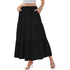 DJT Women's Boho Elegant Lace Trim Swing Tiered Maxi Skirt High Waisted Tie A Line Flowy Long Skirts with Pockets in Saudi Arabia