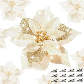 24 Pcs Christmas Poinsettia Flowers Artificial with Clips, 5.9" Christmas Decor Glitter Poinsettia Flowers for Christmas Tree New Year Wedding Party Wreath DIY Garland Decor (Gold) in Saudi Arabia