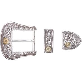 1 1/2"-3.8cm Western 3-Piece Silver/Gold Two-Tone Floral Belt Buckle Set in Saudi Arabia