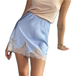 Thopavenoir Women Satin Floral Lace Trim Mini Skirts Silky Low Rise A Line Half Slip Underskirt Y2k Bodycon Short Skirt in Saudi Arabia