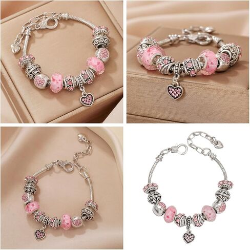 Silver Plated Charm Bracelet Set with Beads and Adjustable Snake Chain, Fits 7.5"+1.5" in Saudi Arabia