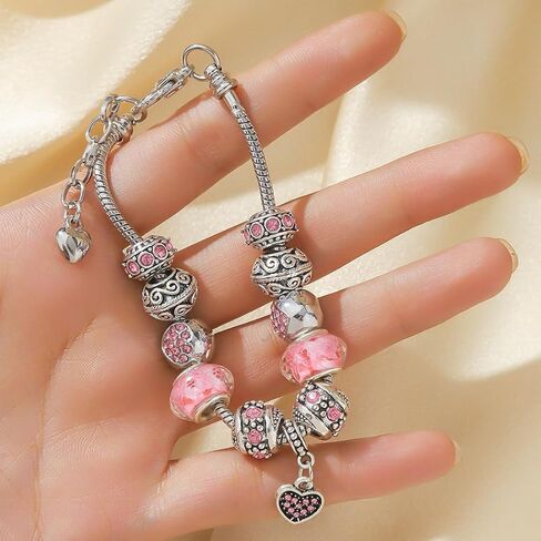 Silver Plated Charm Bracelet Set with Beads and Adjustable Snake Chain, Fits 7.5"+1.5" in Saudi Arabia