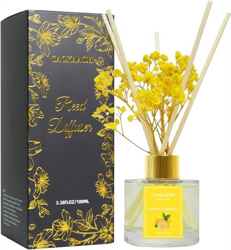 مجموعة ناشر القصب - ناشر زيت عطري برائحة الليمون مع 6 أعواد من القصب | ديكور الحمام للمنزل وغرفة النوم، 3.38 أونصة سائلة (100 مل) (زهرة الليمون) in Kuwait