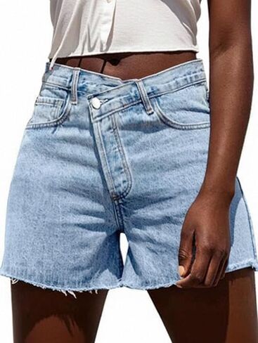 Women's Denim Shorts, High-Waisted Jean Shorts with Frayed Hem for Summer in Saudi Arabia