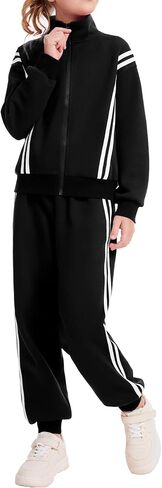 Girls 2 Piece Outfits Zip Up Athletic Sweatsuit Striped Sweatshirt Sweatpant Sets Jogging Track Suits 5-14Y in Saudi Arabia
