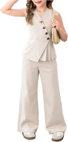 Floerns Girl's 2 Piece Outfit Elegant V Neck Button Up Suit Vest with Wide Leg Pants Set in Saudi Arabia