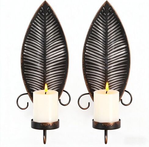 Iron Metal Wall Mount Candle Holder Decor Leaf Sconces Set of 2 Stick for Bedroom Dining Room (Black) in Saudi Arabia