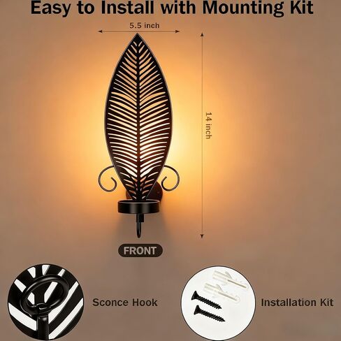 Iron Metal Wall Mount Candle Holder Decor Leaf Sconces Set of 2 Stick for Bedroom Dining Room (Black) in Saudi Arabia