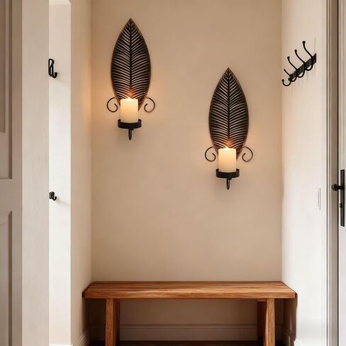 Iron Metal Wall Mount Candle Holder Decor Leaf Sconces Set of 2 Stick for Bedroom Dining Room (Black) in Saudi Arabia