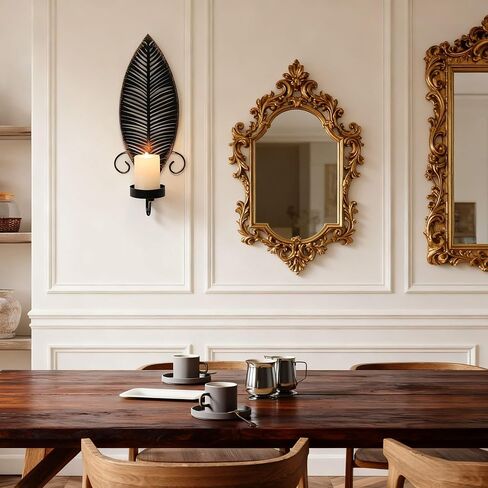 Iron Metal Wall Mount Candle Holder Decor Leaf Sconces Set of 2 Stick for Bedroom Dining Room (Black) in Saudi Arabia