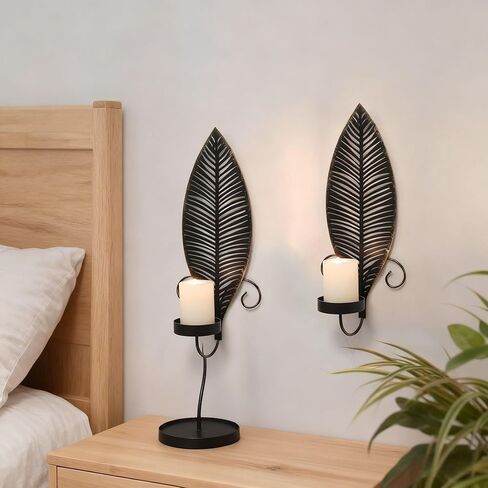 Iron Metal Wall Mount Candle Holder Decor Leaf Sconces Set of 2 Stick for Bedroom Dining Room (Black) in Saudi Arabia