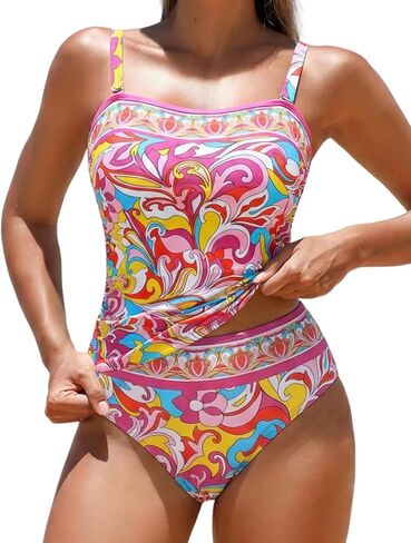 ZAFUL Women's Tummy Control Tankini Swimsuits, Floral Print Two Piece High Waisted Bathing Suits Full Coverage Bikini Bottoms in Saudi Arabia