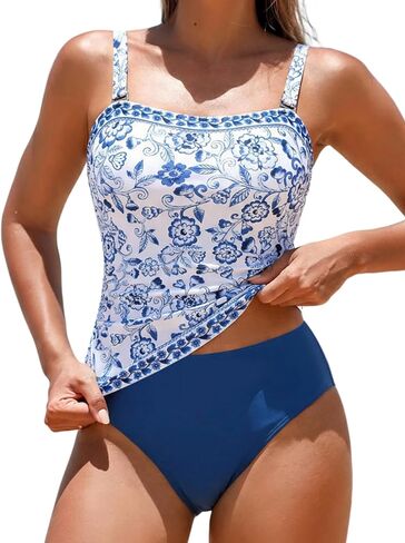 ZAFUL Women's Tummy Control Tankini Swimsuits, Floral Print Two Piece High Waisted Bathing Suits Full Coverage Bikini Bottoms in Saudi Arabia