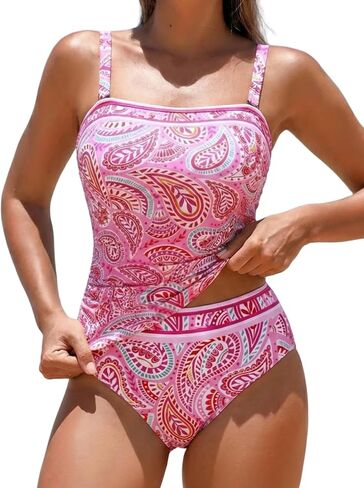 ZAFUL Women's Tummy Control Tankini Swimsuits, Floral Print Two Piece High Waisted Bathing Suits Full Coverage Bikini Bottoms in Saudi Arabia