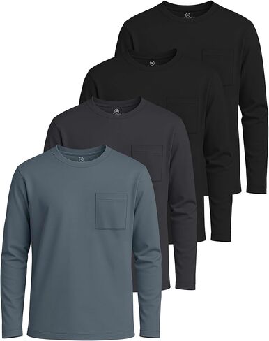 Real Essentials 4 Pack: Boys' Cotton Jersey Long Sleeve T-Shirt with Pocket - Kids Teens Youth Crew Neck Tee Top (Ages 4-16) in Saudi Arabia