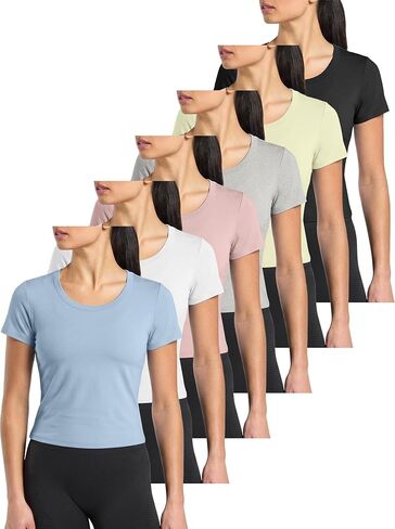 6 Pack Slim Fit Short Sleeve Workout T Shirts Y2k Tee Gym Crop Tops for Women in Saudi Arabia