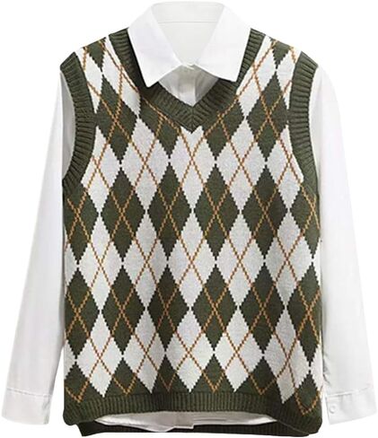 Womens V Neck Sweater Vest Argyle Plaid Sleeveless Crop Preppy Style Knit Knitwear Tank in Saudi Arabia