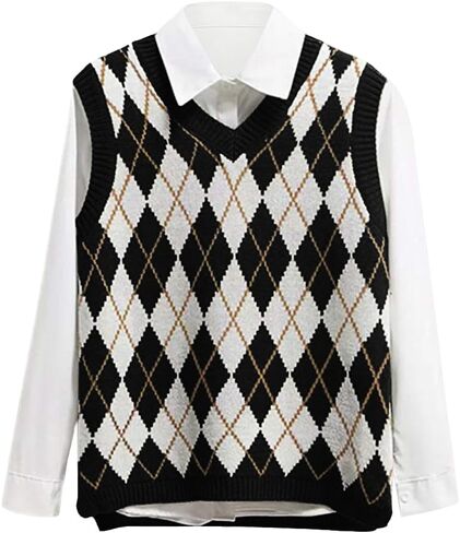 Womens V Neck Sweater Vest Argyle Plaid Sleeveless Crop Preppy Style Knit Knitwear Tank in Saudi Arabia