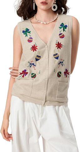 Women Christmas Button Down Sweaters Vest Vintage Santa Embroidered Sleeveless Knit Tank Top Holiday Ugly Xmas Vest in Saudi Arabia