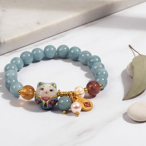 2Pcs Lucky Cat Bracelet for Women, Blue Crystal Beads with Hand-Painted Ceramic Cat Charm, Meaning-Inspired Jewelry for New Beginnings, Gift for Women, Friends, Mom, Birthday, Valentine’s Day in Saudi Arabia
