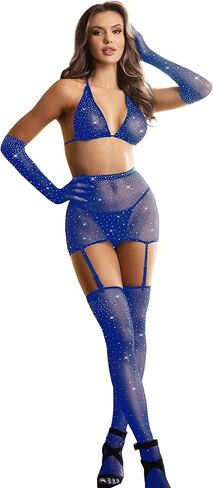 Fishnet Bodystocking Lingerie Rhinestone Fishnet Bodysuit High Waist Tights Naughty Club Outfits Garter Stockings in Saudi Arabia