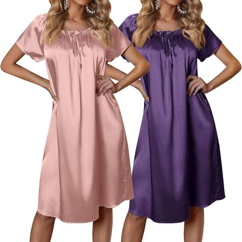 Ekouaer Satin Nightgowns for Women 2 Pack Silk Nightgown Pleated Loose Night Shirts Short Sleeve Sleep Shirts in Kuwait
