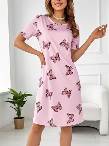 Women Sleep Dress, Butterfly Print Nightgown, Casual Short-Sleeve Sleepwear Dress, Loungewear Dress with Relaxed Fit in Saudi Arabia