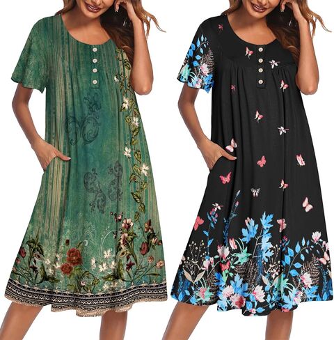 Ekouaer 2 Pack House Dresses for Women with Pockets Short Sleeve Moomoo Nightgown Plus Size Mumu Dress Floral Lounge Dress in Saudi Arabia