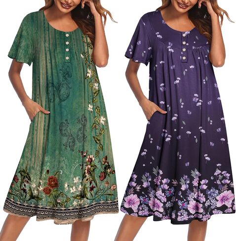 Ekouaer 2 Pack House Dresses for Women with Pockets Short Sleeve Moomoo Nightgown Plus Size Mumu Dress Floral Lounge Dress in Saudi Arabia