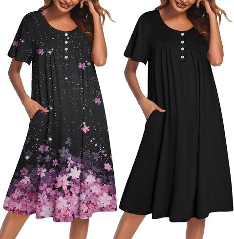 Ekouaer 2 Pack House Dresses for Women with Pockets Short Sleeve Moomoo Nightgown Plus Size Mumu Dress Floral Lounge Dress in Saudi Arabia