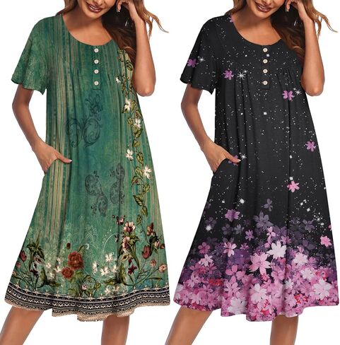 Ekouaer 2 Pack House Dresses for Women with Pockets Short Sleeve Moomoo Nightgown Plus Size Mumu Dress Floral Lounge Dress in Saudi Arabia
