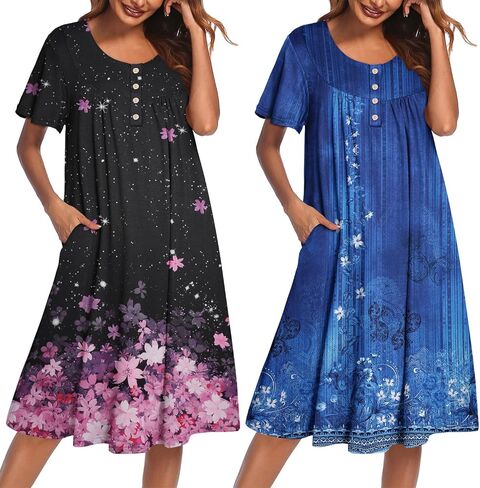 Ekouaer 2 Pack House Dresses for Women with Pockets Short Sleeve Moomoo Nightgown Plus Size Mumu Dress Floral Lounge Dress in Saudi Arabia