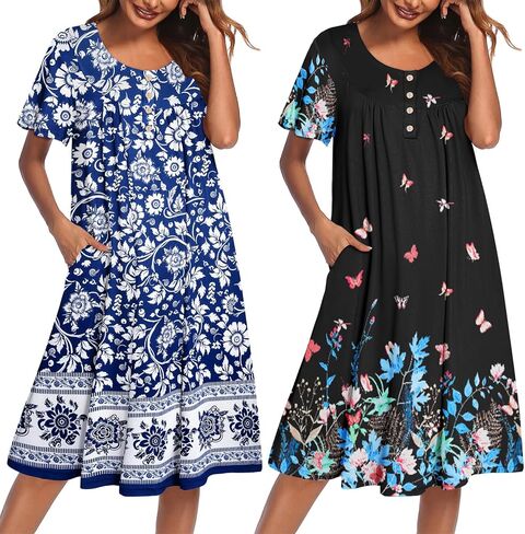 Ekouaer 2 Pack House Dresses for Women with Pockets Short Sleeve Moomoo Nightgown Plus Size Mumu Dress Floral Lounge Dress in Saudi Arabia