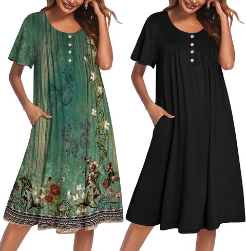 Ekouaer 2 Pack House Dresses for Women with Pockets Short Sleeve Moomoo Nightgown Plus Size Mumu Dress Floral Lounge Dress in Saudi Arabia