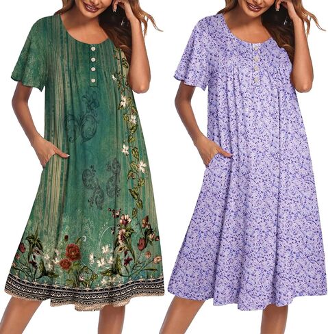 Ekouaer 2 Pack House Dresses for Women with Pockets Short Sleeve Moomoo Nightgown Plus Size Mumu Dress Floral Lounge Dress in Saudi Arabia