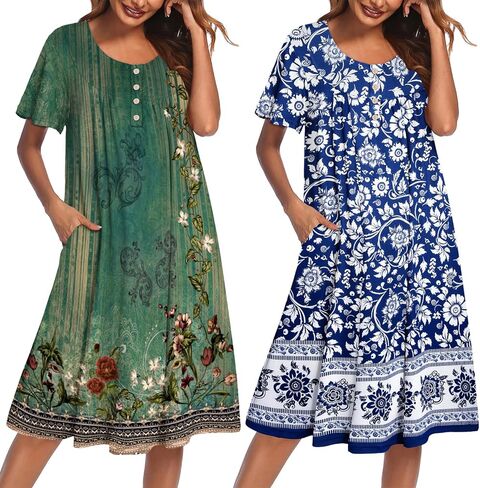 Ekouaer 2 Pack House Dresses for Women with Pockets Short Sleeve Moomoo Nightgown Plus Size Mumu Dress Floral Lounge Dress in Saudi Arabia