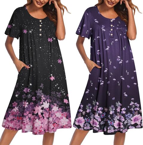 Ekouaer 2 Pack House Dresses for Women with Pockets Short Sleeve Moomoo Nightgown Plus Size Mumu Dress Floral Lounge Dress in Saudi Arabia