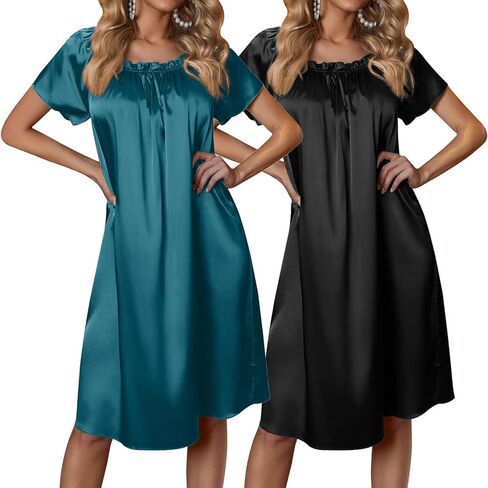 Ekouaer Satin Nightgowns for Women 2 Pack Silk Nightgown Pleated Loose Night Shirts Short Sleeve Sleep Shirts in Saudi Arabia