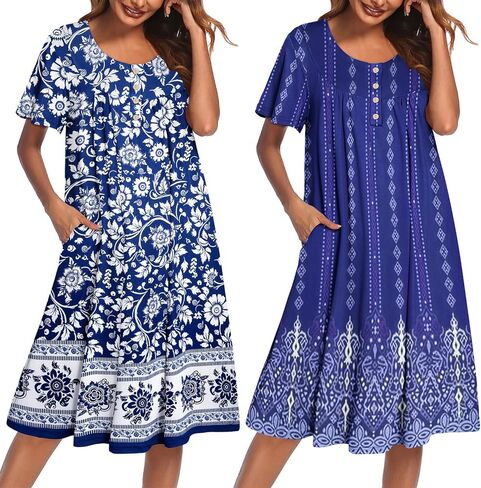 Ekouaer 2 Pack House Dresses for Women with Pockets Short Sleeve Moomoo Nightgown Plus Size Mumu Dress Floral Lounge Dress in Kuwait