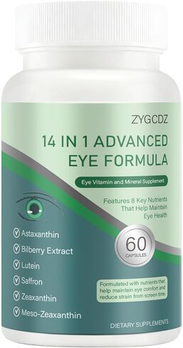 14-in-1 Advanced Eye Vitamin Supplement with Lutein, Zeaxanthin, Bilberry Extract & Zinc for Adults - Supports Vision, Macula & Blue Light Protection - 60 Capsules (01) in Saudi Arabia