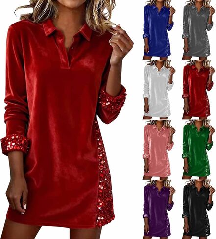 Sequin Dress for Women Long Sleeve Velvet Sparkly Dresses Midi Collared Neck Holiday Party Homecoming Casual in Saudi Arabia